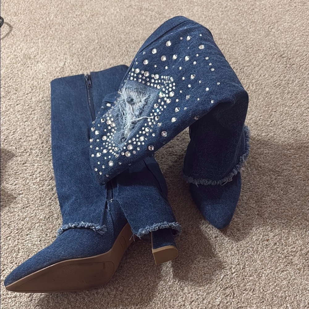 Blue Denim Knee-High Boots with Rhinestones